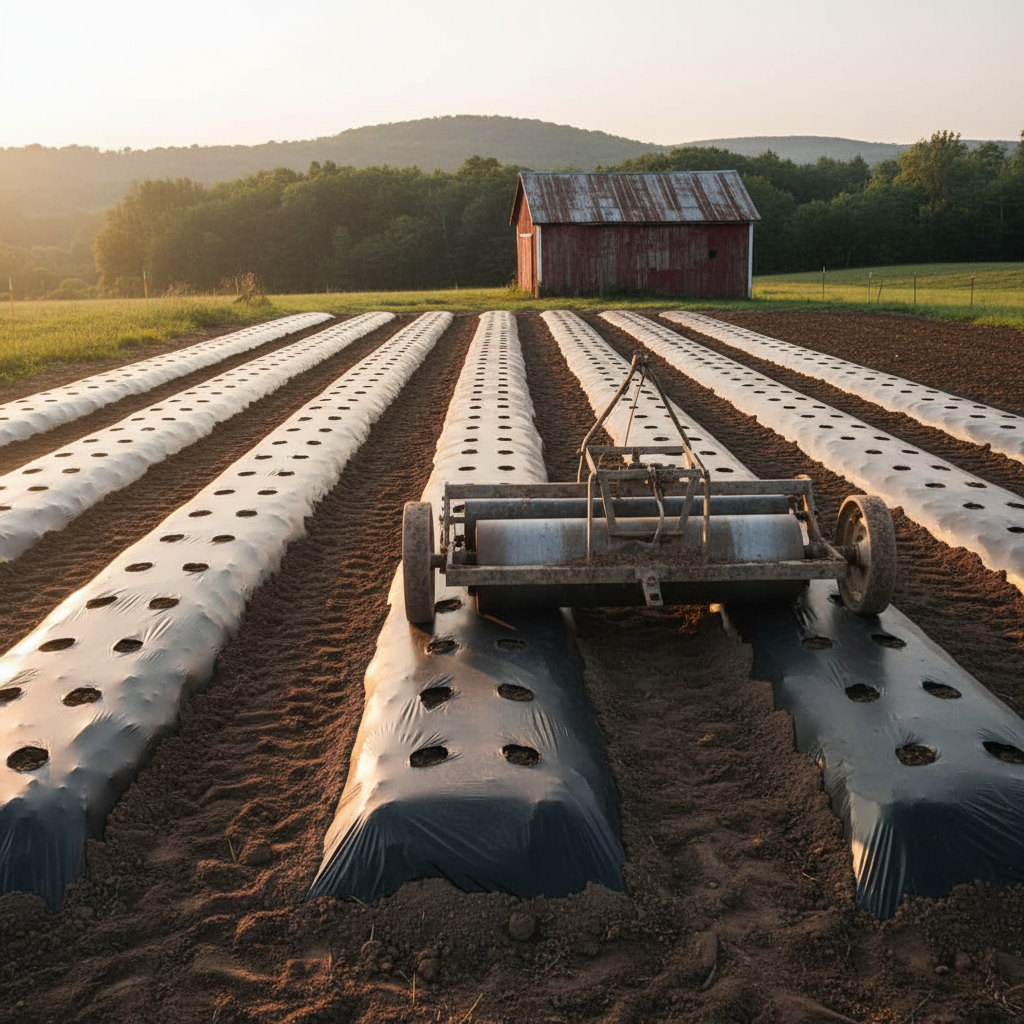 A meticulously prepared vegetable garden bed featuring smooth, evenly tilled soil covered in tight, straight rows of black plastic mulch, each row secured at the edges and punctuated with evenly spaced planting holes. A plastic mulch layer implement rests nearby, its rollers and spools clearly visible, with traces of soil dusting the metal frame. The setting is a modest rural property with a simple barn and distant wooded ridge line suggestive of the Bunker Hill West Virginia landscape. Captured in warm golden-hour sunlight that casts long, gentle shadows and rich highlights on the plastic surface, the image uses an eye-level, centered composition with photographic realism to emphasize order, readiness, and professional garden prep results.