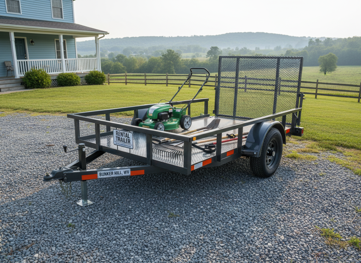 A clean, heavy-duty utility trailer parked on a gravel driveway beside a tidy rural home, ready for rental. The trailer has a textured steel floor, fold-down mesh ramp gate, and reflective safety tape along the rails, with a small mower and a few neatly strapped yard tools already loaded. Surrounding the driveway is a well-kept lawn, a split-rail fence, and distant rolling hills that faintly suggest the Bunker Hill West Virginia countryside. Soft morning sunlight illuminates the metal frame, creating subtle highlights and defined but gentle shadows underneath. Photographic realism, shot from a three-quarter front angle with moderate depth of field, conveys reliability, practical usefulness, and professional, local service.