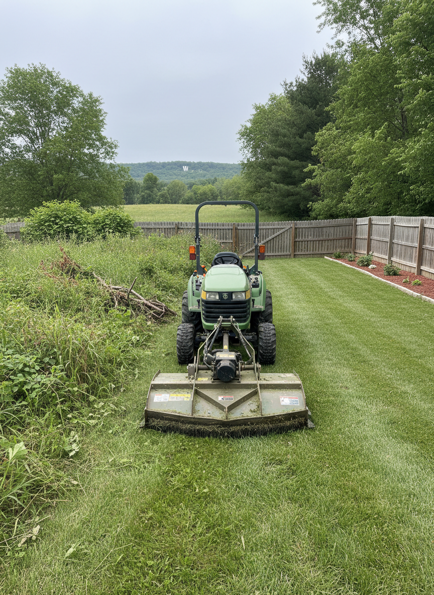 A wide rural backyard shown in a clear before-and-after style: the left side overgrown with tall, tangled brush and scrub, the right side neatly cut with low, even grass and cleanly defined edges. A sturdy brush cutter attachment sits parked on a compact tractor or utility machine at the boundary line, its blades clean and metal surfaces slightly worn. The overcast daylight provides diffused, even lighting that minimizes harsh shadows, creating a practical, straightforward atmosphere. Photographic realism, shot from a slightly elevated angle to reveal the property’s layout and surrounding tree line, with faint hills and a distant Bunker Hill W landscape element on the horizon, subtly anchoring it to the local area.